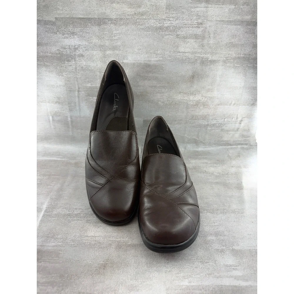 Clarks Women Brown Leather Slip On Wedge Loafers Shoes Size 9M